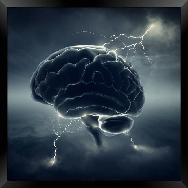 Brain in stormy clouds - conceptual brainstorm Framed Print by Johan Swanepoel
