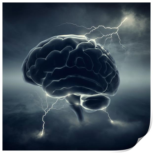 Brain in stormy clouds - conceptual brainstorm Print by Johan Swanepoel
