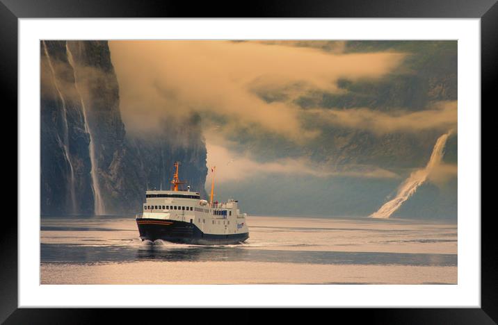 Ferry on a fjord in Norway Framed Mounted Print by Hamperium Photography