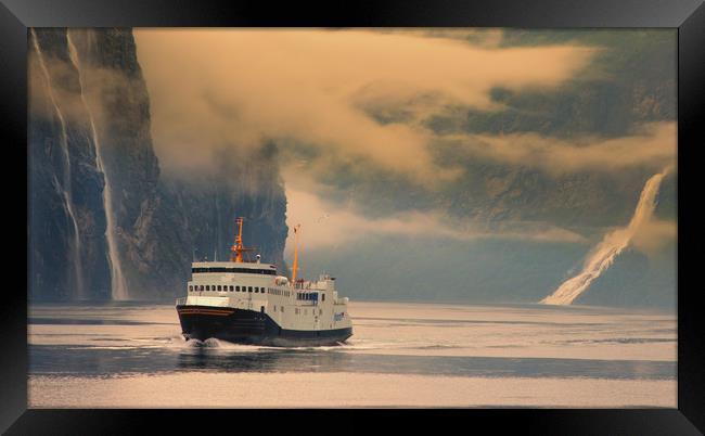 Ferry on a fjord in Norway Framed Print by Hamperium Photography