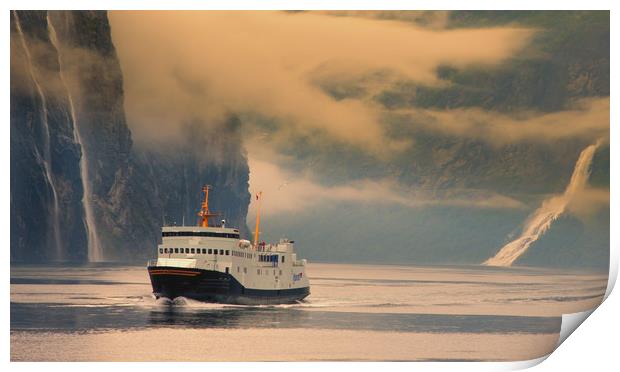 Ferry on a fjord in Norway Print by Hamperium Photography