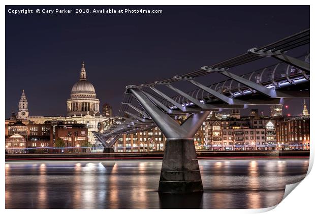 St Paul's and the Millennium Bridge at night Print by Gary Parker