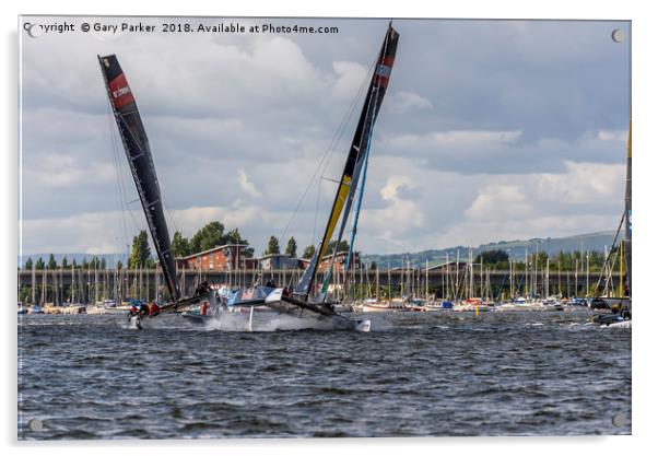 Extreme Sailing - Cardiff Bay - Two Catamarans Acrylic by Gary Parker