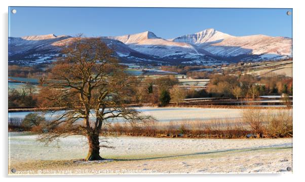 Brecon Beacons covered in a dusting of snow. Acrylic by Philip Veale