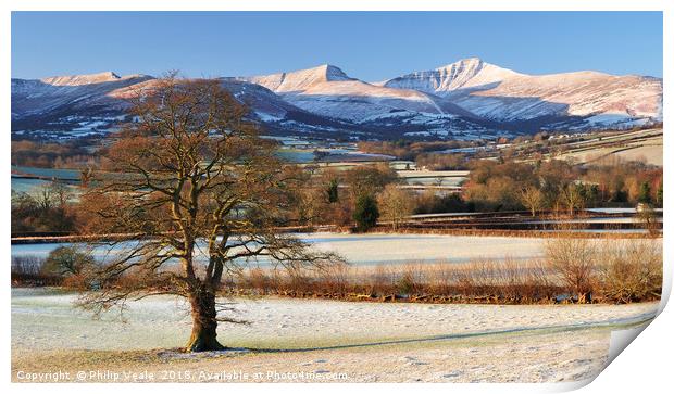 Brecon Beacons covered in a dusting of snow. Print by Philip Veale