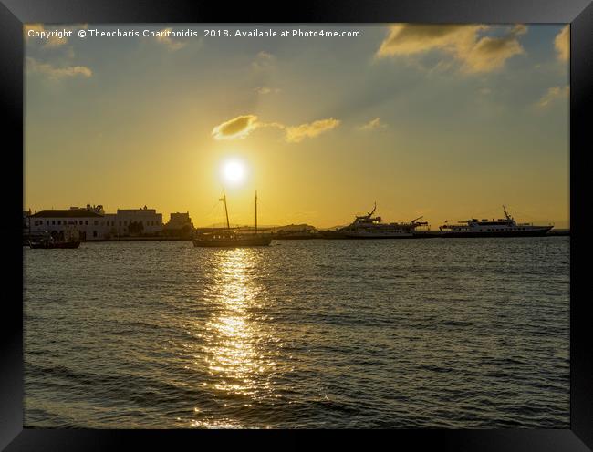 Mykonos Greece golden hour at town waterfront. Framed Print by Theocharis Charitonidis