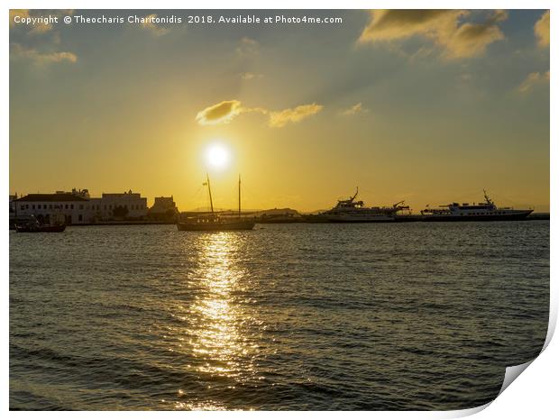 Mykonos Greece golden hour at town waterfront. Print by Theocharis Charitonidis