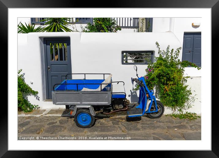 Motor tricycle parked against whitewashed house. Framed Mounted Print by Theocharis Charitonidis