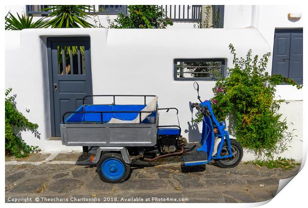Motor tricycle parked against whitewashed house. Print by Theocharis Charitonidis