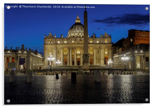 Vatican City Piazza San Pietro night view.  Acrylic by Theocharis Charitonidis