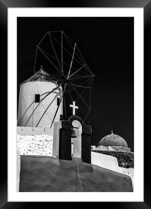 Santorini Windmill Monochromatic Framed Mounted Print by Antony McAulay