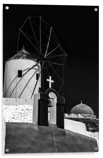 Santorini Windmill Monochromatic Acrylic by Antony McAulay