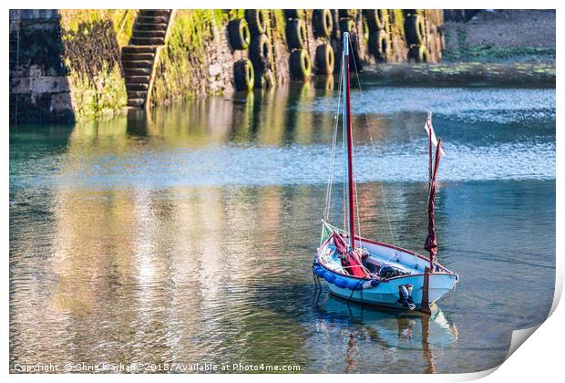 Wooden sailing boat in Mevagissey harbour - Cornwa Print by Chris Warham