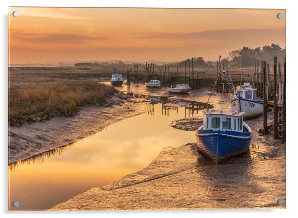 Boats at sunrise Thornham Staithe Norfolk Acrylic by Graeme Taplin Landscape Photography
