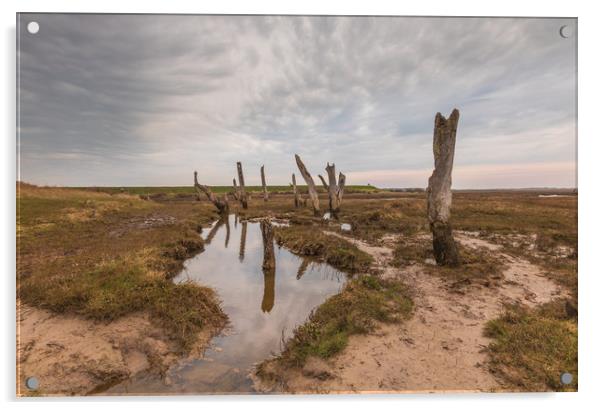 Old timber posts Thornham Norfolk at low tide.  Acrylic by Graeme Taplin Landscape Photography