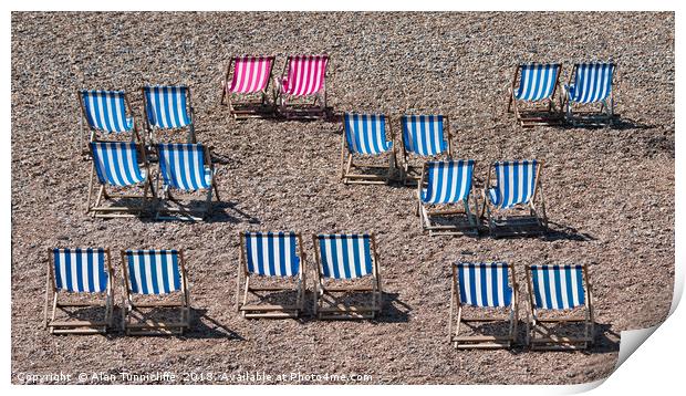 Deck chairs on the beach Print by Alan Tunnicliffe