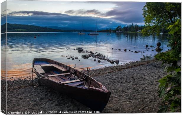 Evening at Lake Windermere Shore with Rowing Boat  Canvas Print by Nick Jenkins