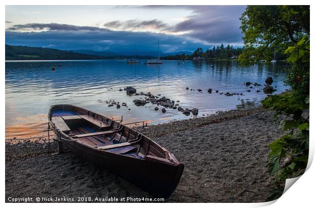 Evening at Lake Windermere Shore with Rowing Boat  Print by Nick Jenkins