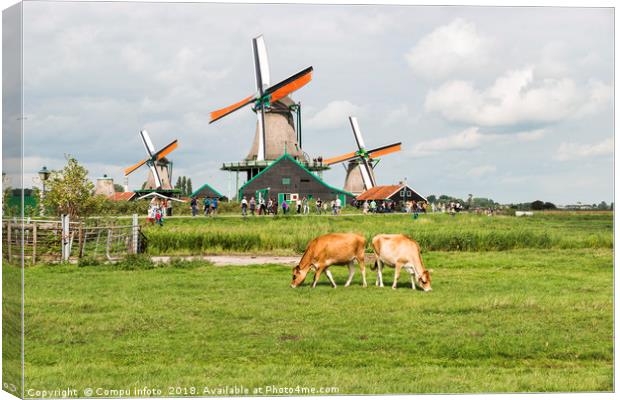 Typical dutch landscape with windmills and cows Canvas Print by Chris Willemsen