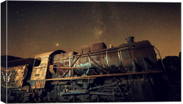 Old locomotive with  and milky way Canvas Print by Juan Ramón Ramos Rivero
