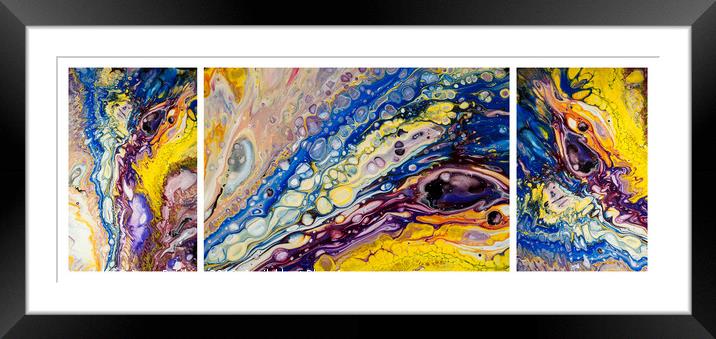 Rainbow Feathers Triptych. Fluid Acrylic Painting Framed Mounted Print by Jenny Rainbow