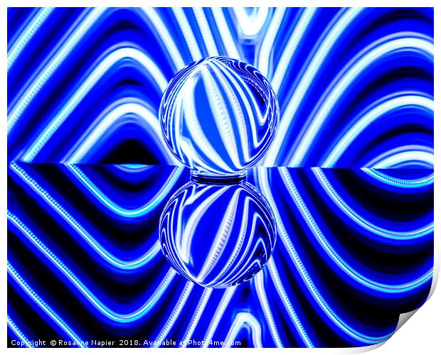 Crystal ball abstract blue and white Print by Rosaline Napier