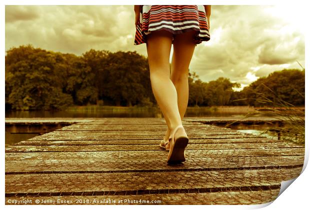 Lady with a perfect figure walking on a jetty Print by Jonny Essex