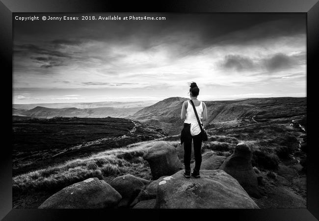 A women stands on top of a mountain, Kinder Scout Framed Print by Jonny Essex