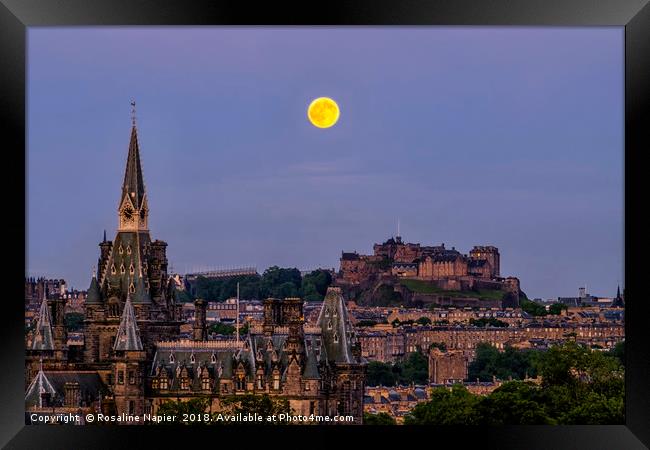 Strawberry moon over Edinburgh Castle Framed Print by Rosaline Napier