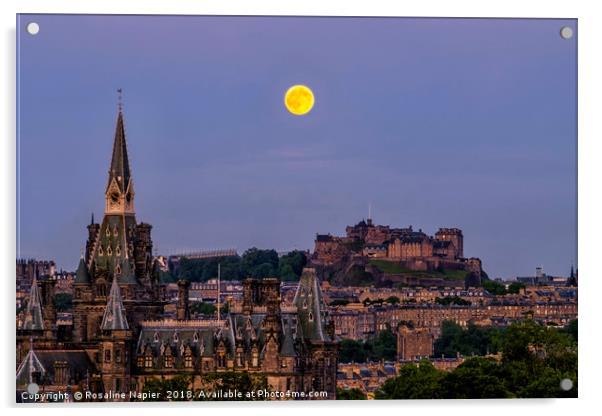 Strawberry moon over Edinburgh Castle Acrylic by Rosaline Napier