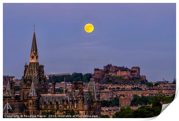 Strawberry moon over Edinburgh Castle Print by Rosaline Napier