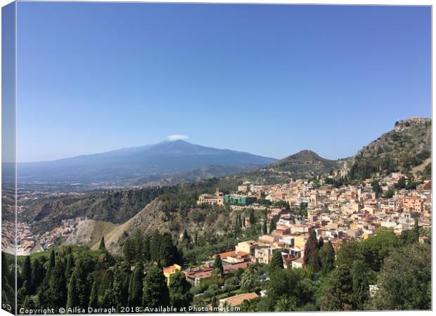 Mount Etna and Taormina View, Sicily Canvas Print by Ailsa Darragh