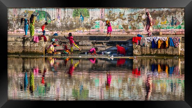 Indian family washing in lake Framed Print by tim miller