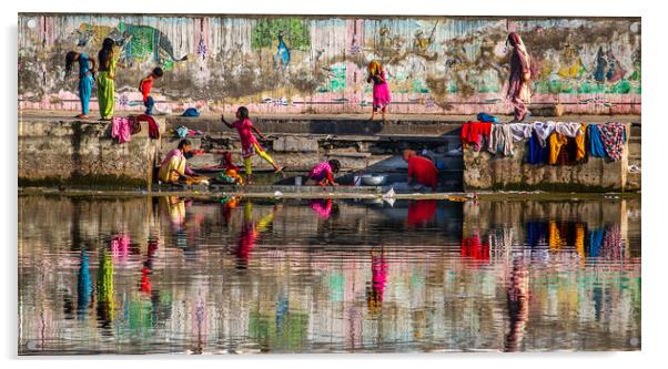 Indian family washing in lake Acrylic by tim miller
