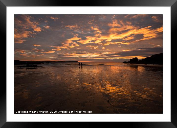 Fiery Sunset At Trevone Bay Framed Mounted Print by Kate Whiston