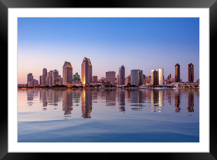 San Diego Skyline at sunset from Coronado Framed Mounted Print by Steve Heap