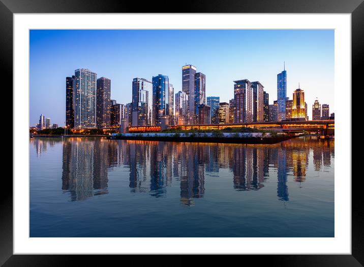 Chicago Skyline at sunset from Navy Pier Framed Mounted Print by Steve Heap