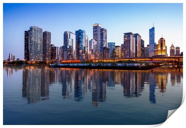 Chicago Skyline at sunset from Navy Pier Print by Steve Heap