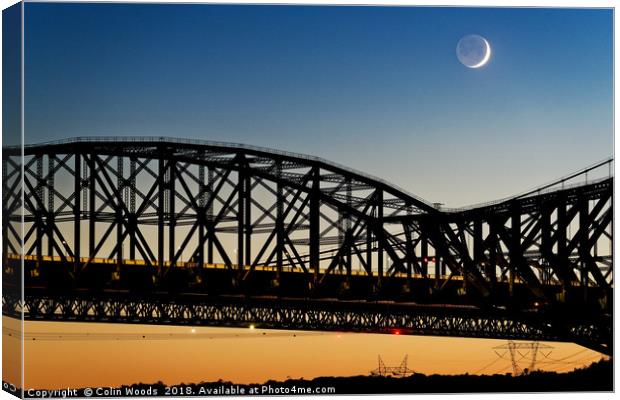 A new moon with earthshine with the Pont du Quebec Canvas Print by Colin Woods