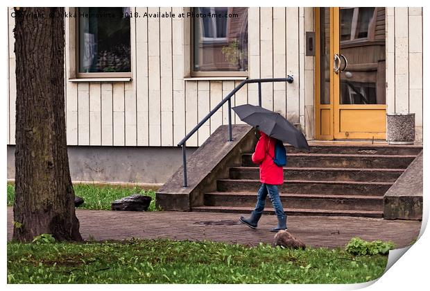Walking With Umbrella Print by Jukka Heinovirta