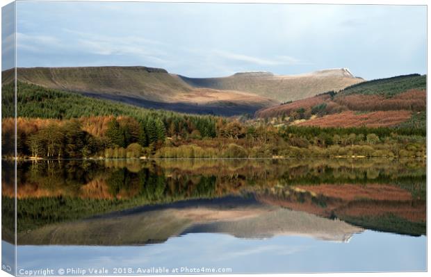 Brecon Beacons Mirrored in Pentwyn Reservoir. Canvas Print by Philip Veale