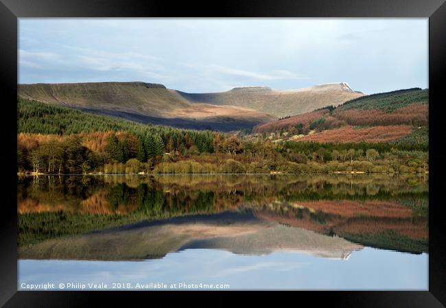 Brecon Beacons Mirrored in Pentwyn Reservoir. Framed Print by Philip Veale