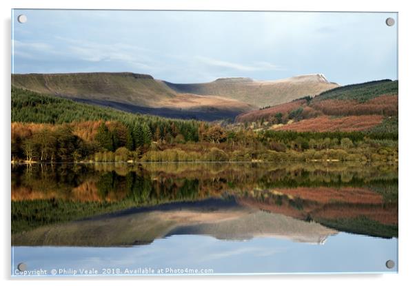 Brecon Beacons Mirrored in Pentwyn Reservoir. Acrylic by Philip Veale