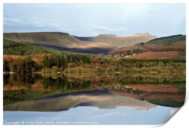Brecon Beacons Mirrored in Pentwyn Reservoir. Print by Philip Veale