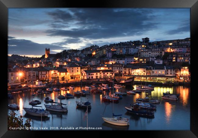 Brixham Harbour's Blue Hour Before Nightfall. Framed Print by Philip Veale