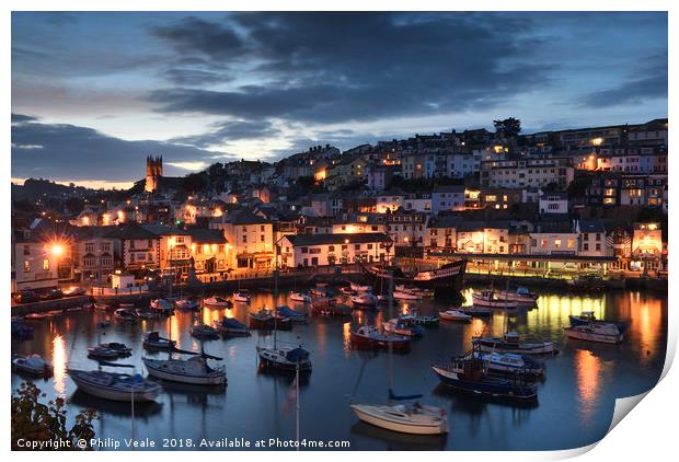 Brixham Harbour's Blue Hour Before Nightfall. Print by Philip Veale