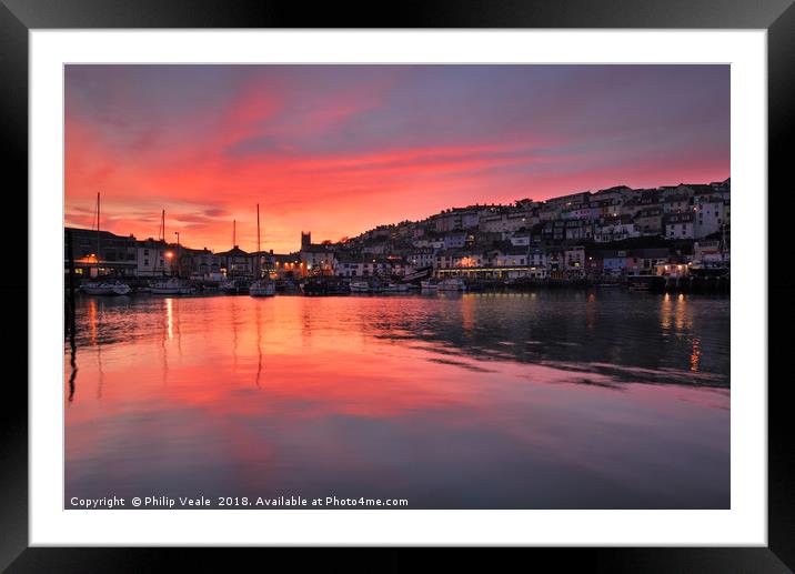 Brixham Harbour's Stunning Red Sunset.  Framed Mounted Print by Philip Veale