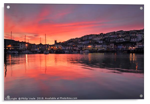 Brixham Harbour's Stunning Red Sunset.  Acrylic by Philip Veale
