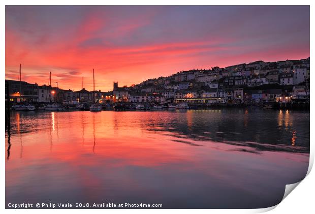 Brixham Harbour's Stunning Red Sunset.  Print by Philip Veale