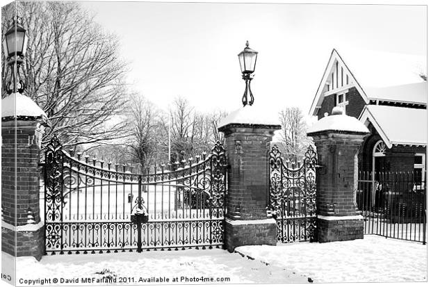 Lurgan Park gates in winter snow Canvas Print by David McFarland